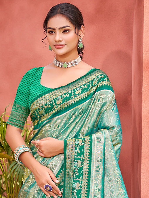 Sangam Prints Teal  Kanjivaram Silk Woven Work Traditional Saree - Distacart