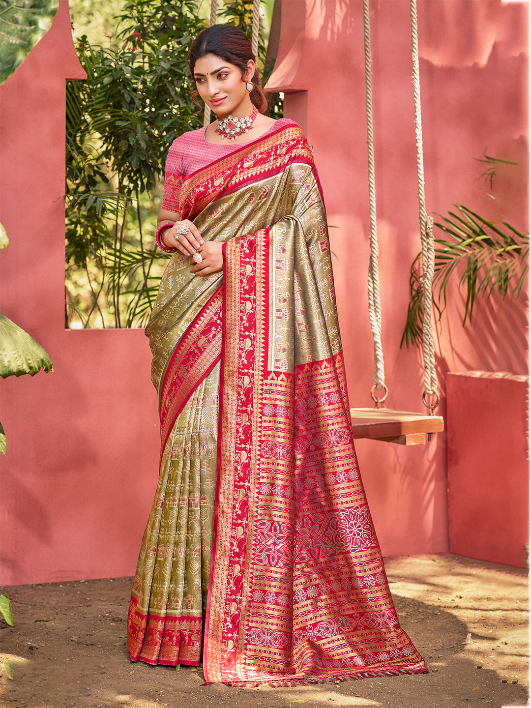 Sangam Prints Olive Green Kanjivaram Silk Woven Work Traditional Saree - Distacart