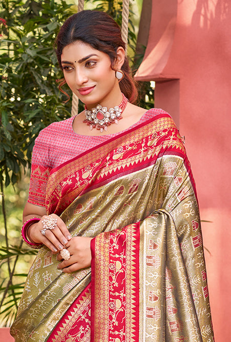 Sangam Prints Olive Green Kanjivaram Silk Woven Work Traditional Saree - Distacart