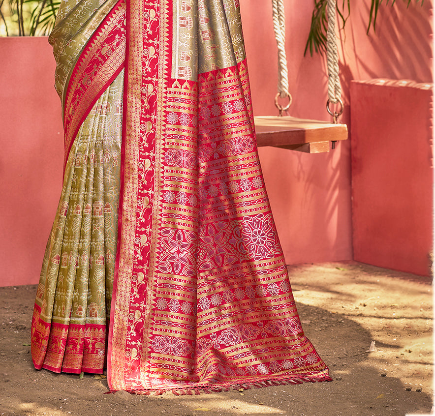 Sangam Prints Olive Green Kanjivaram Silk Woven Work Traditional Saree - Distacart