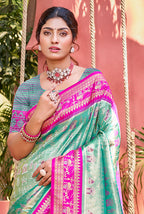 Sangam Prints Sea Green Kanjivaram Silk Woven Work Traditional Saree - Distacart