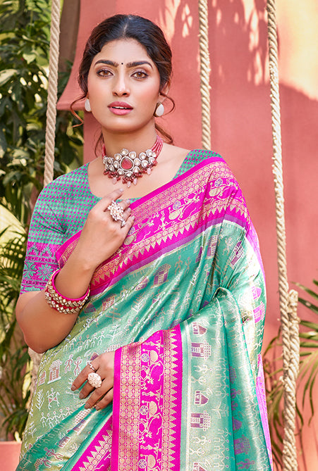 Sangam Prints Sea Green Kanjivaram Silk Woven Work Traditional Saree - Distacart