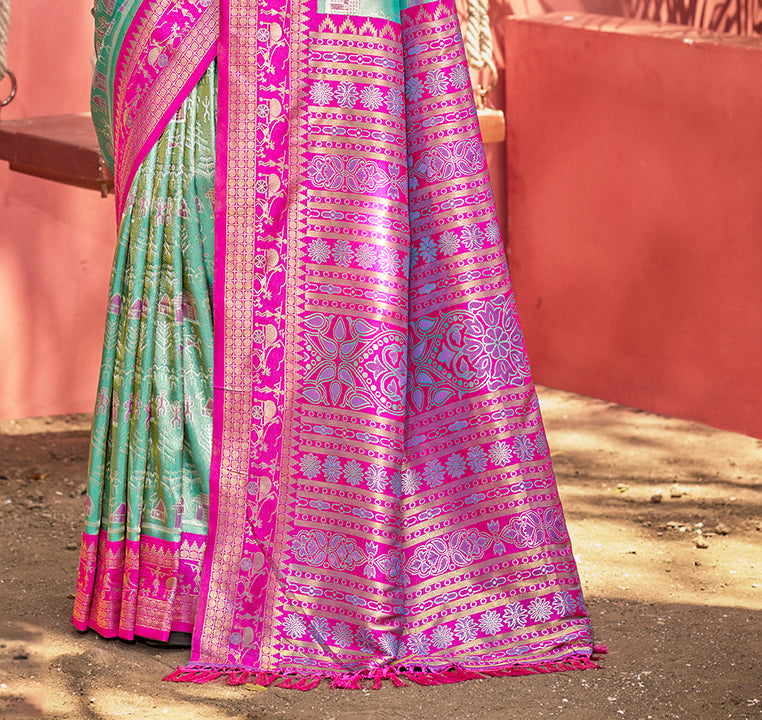 Sangam Prints Sea Green Kanjivaram Silk Woven Work Traditional Saree - Distacart