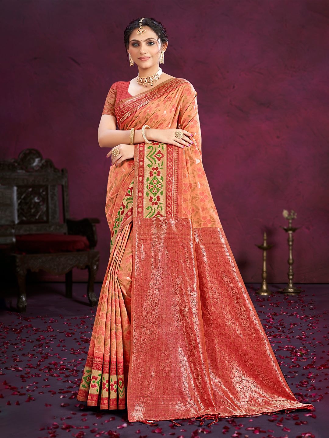Sangam Prints Dark Peach Cotton Silk With Meena Woven Work Traditional Saree - Distacart