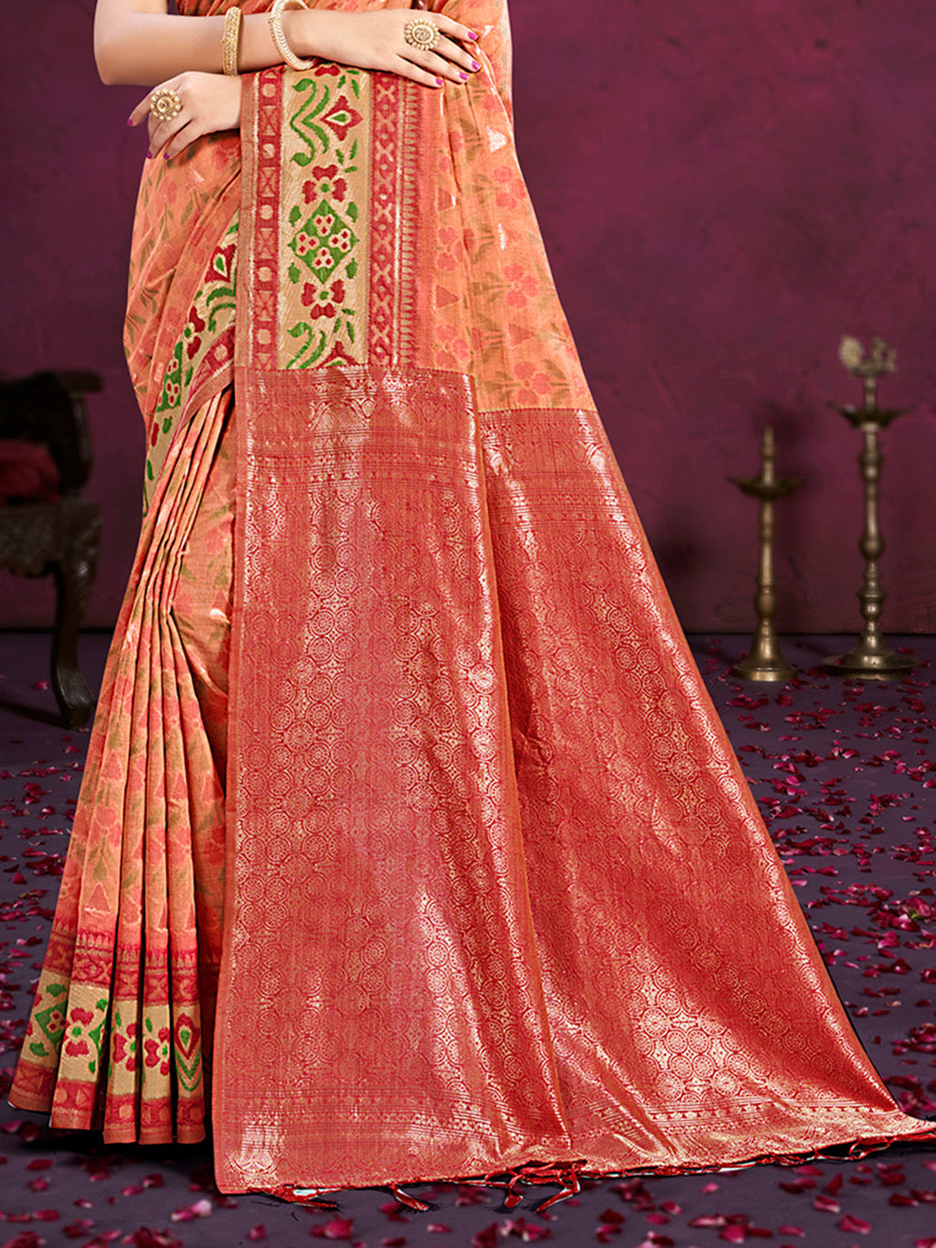 Sangam Prints Dark Peach Cotton Silk With Meena Woven Work Traditional Saree - Distacart