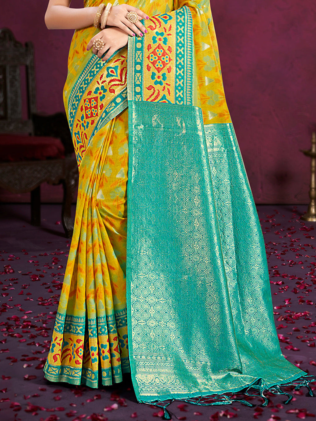 Sangam Prints Yellow Cotton Silk With Meena Woven Work Traditional Saree - Distacart