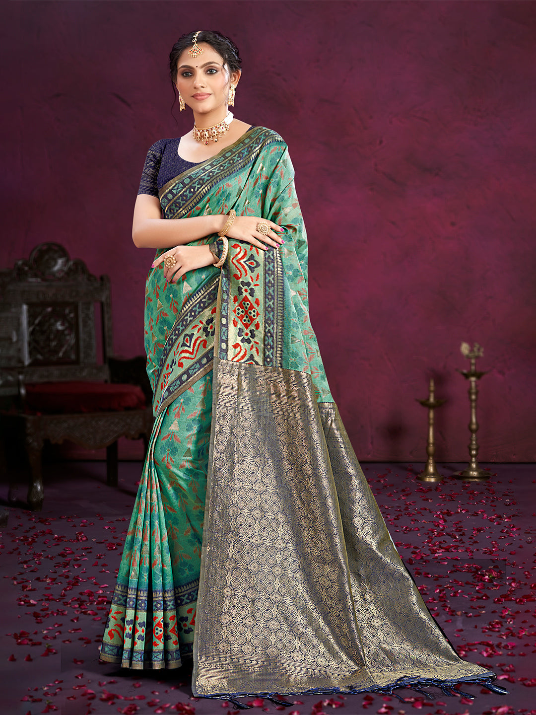 Sangam Prints Teal Green Cotton Silk With Meena Woven Work Traditional Saree - Distacart