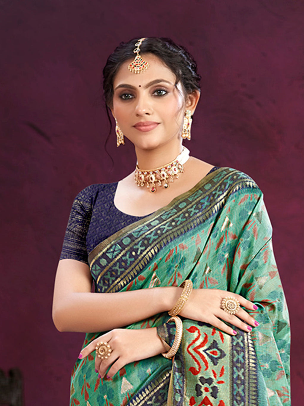 Sangam Prints Teal Green Cotton Silk With Meena Woven Work Traditional Saree - Distacart