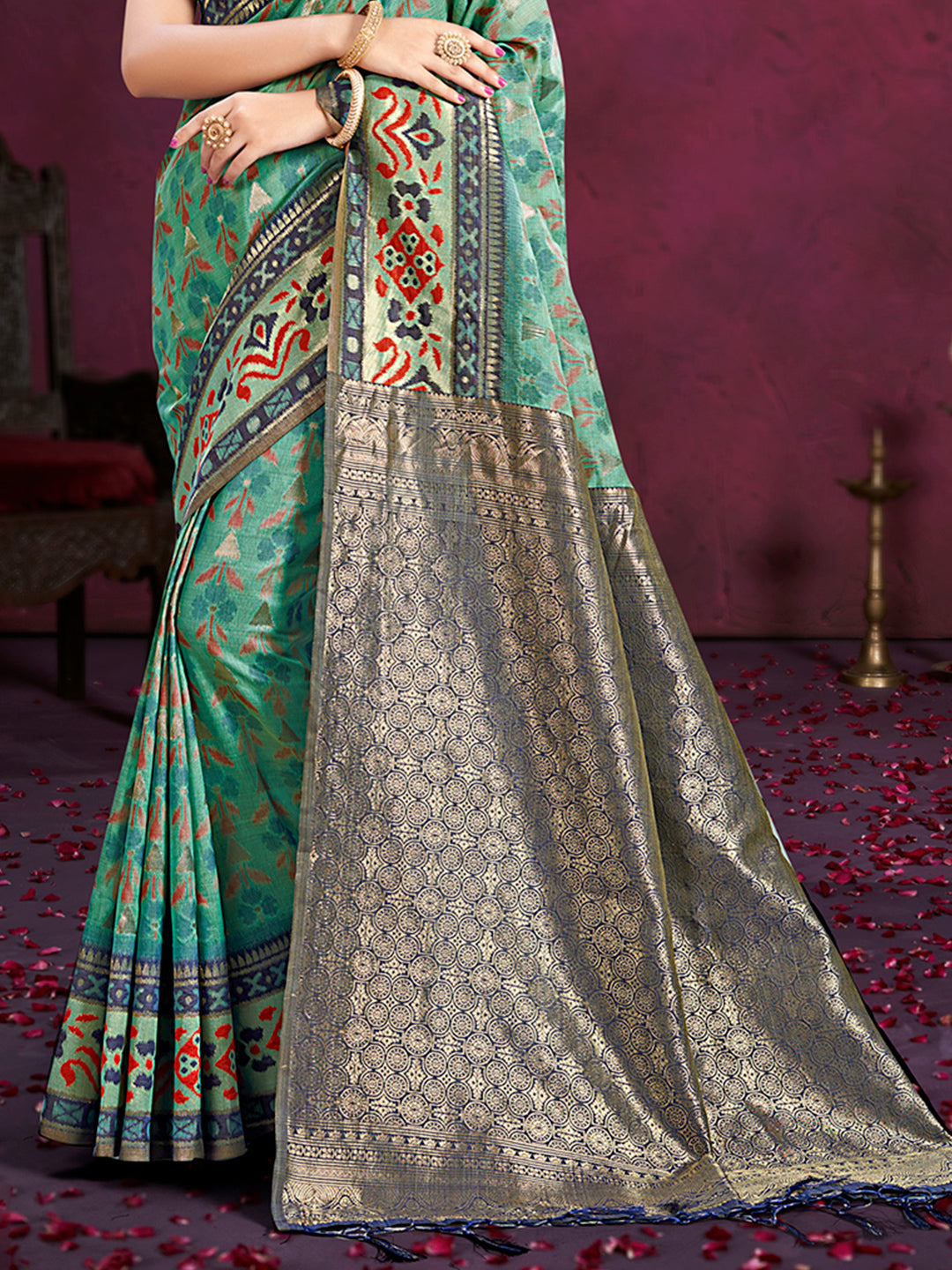 Sangam Prints Teal Green Cotton Silk With Meena Woven Work Traditional Saree - Distacart