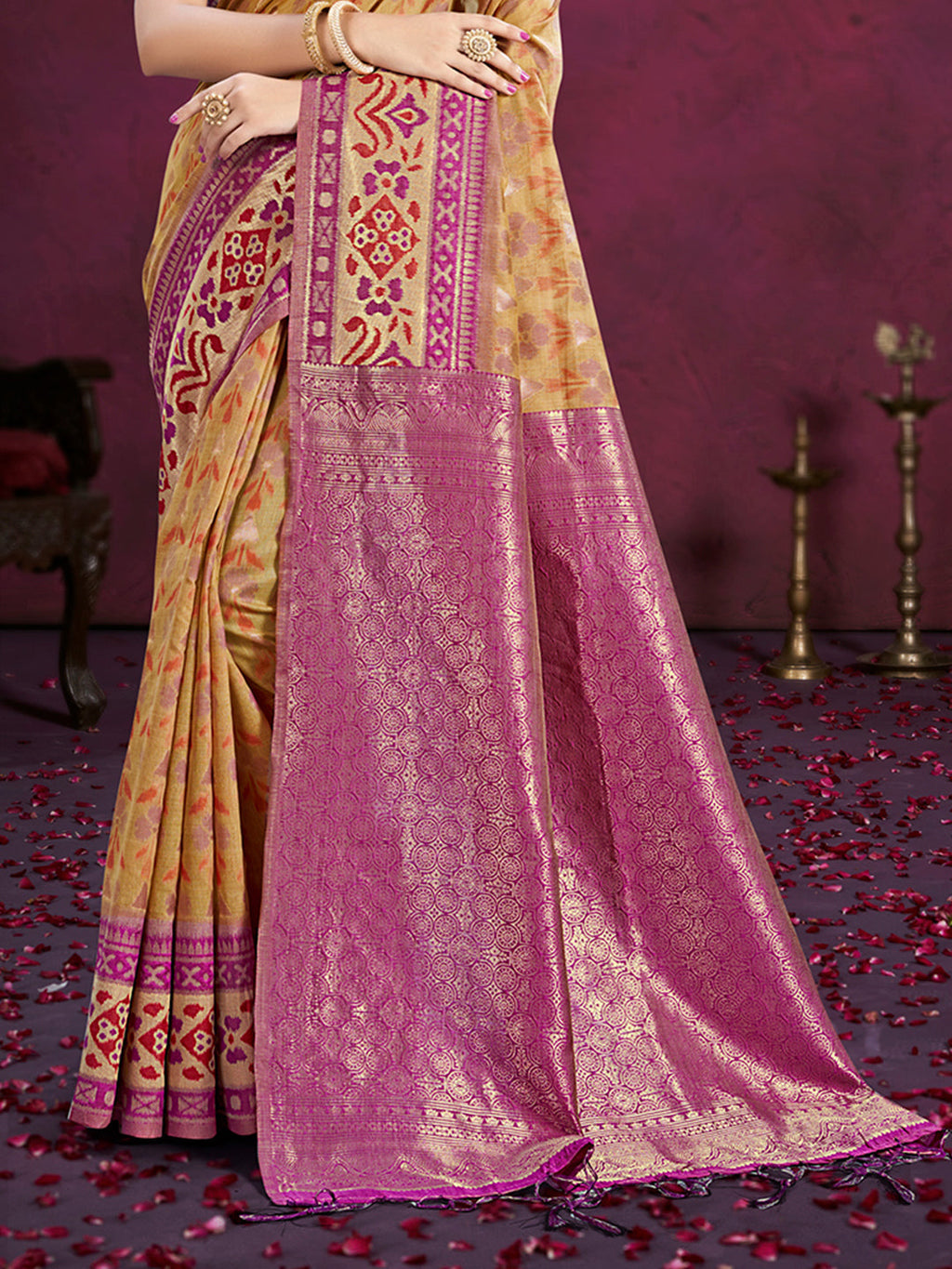 Sangam Prints Beige Cotton Silk With Meena Woven Work Traditional Saree - Distacart