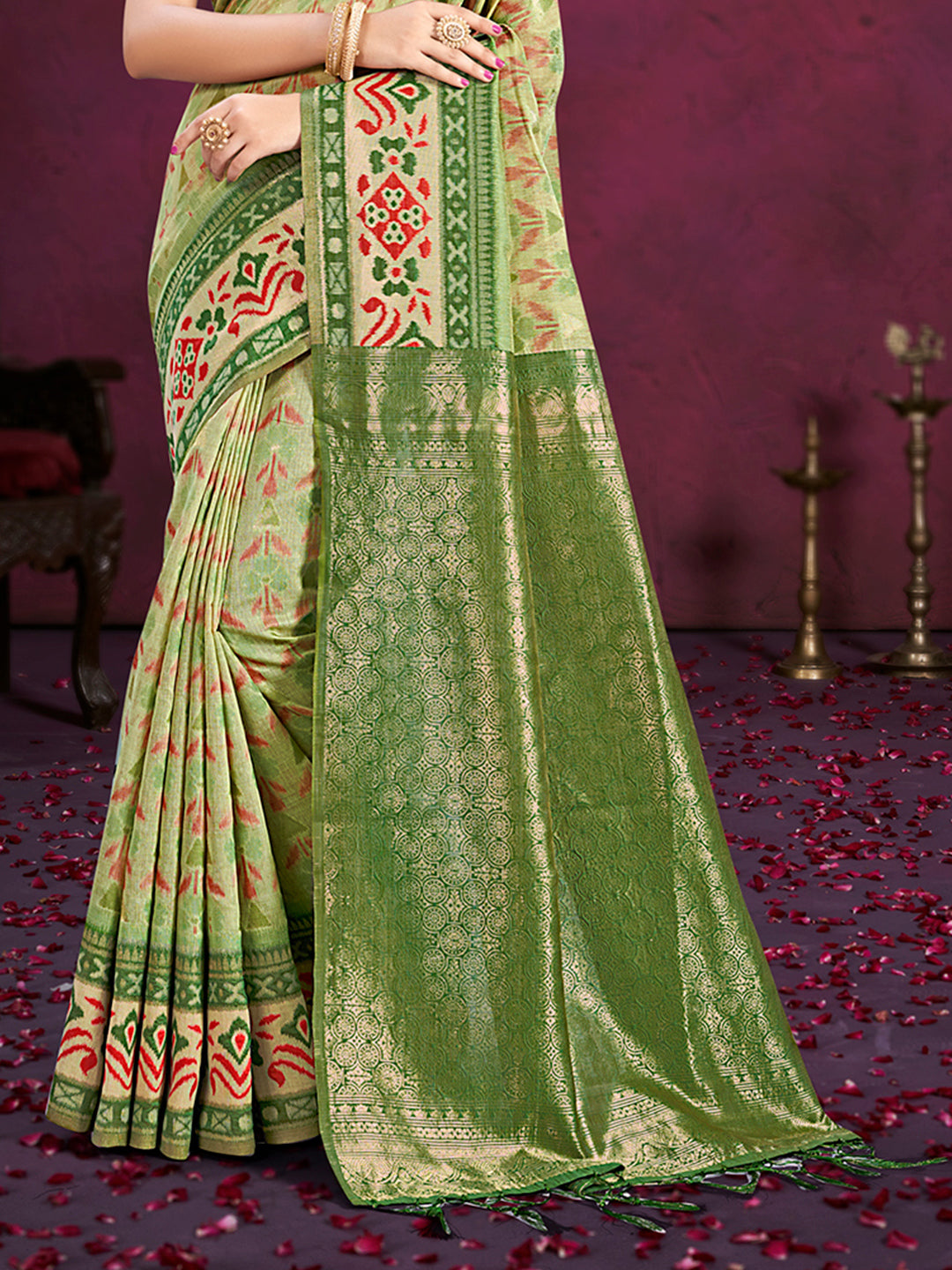 Sangam Prints Light Green Cotton Silk With Meena Woven Work Traditional Saree - Distacart