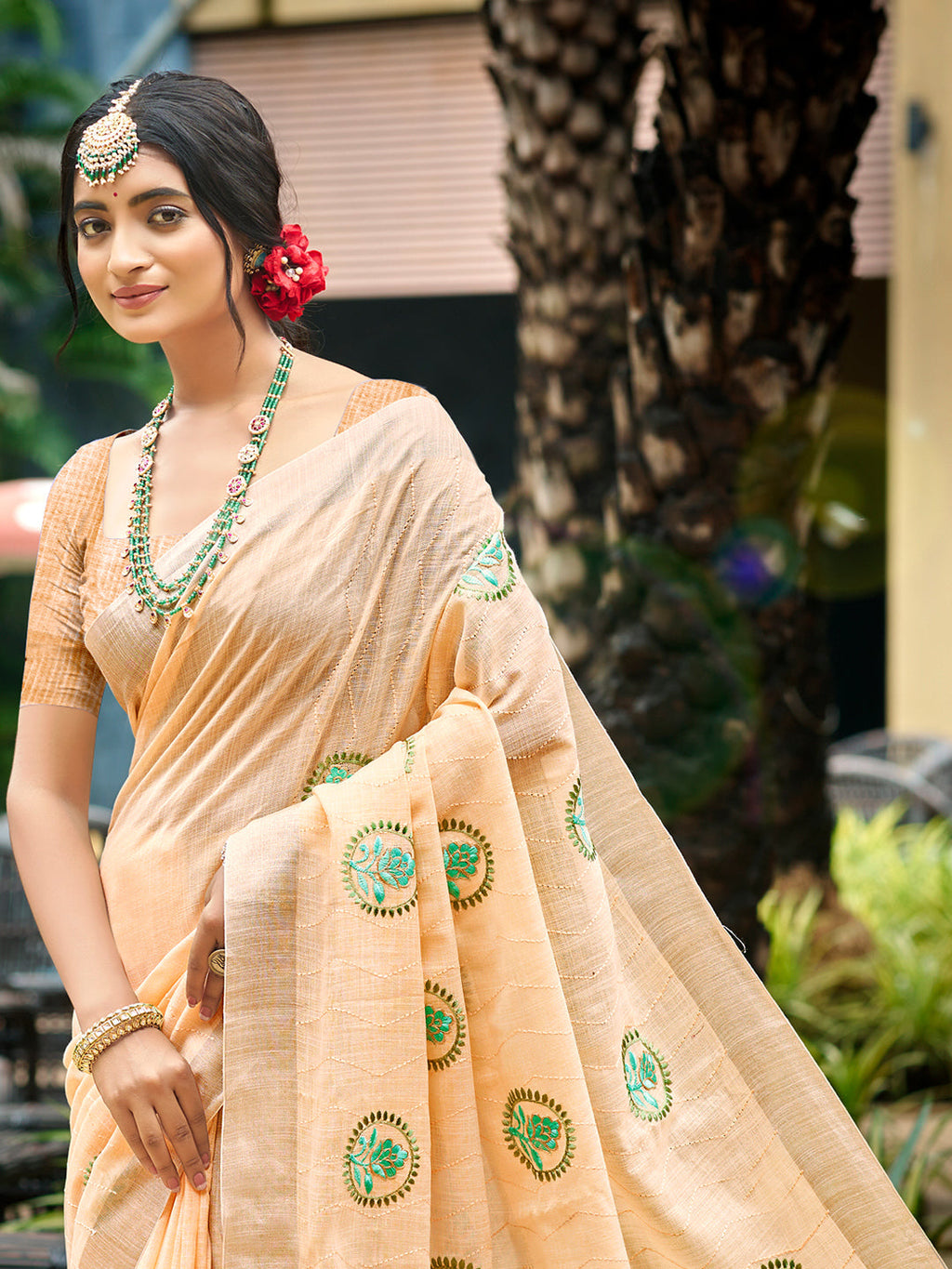 Sangam Prints Peach Linen Woven Work Traditional Saree