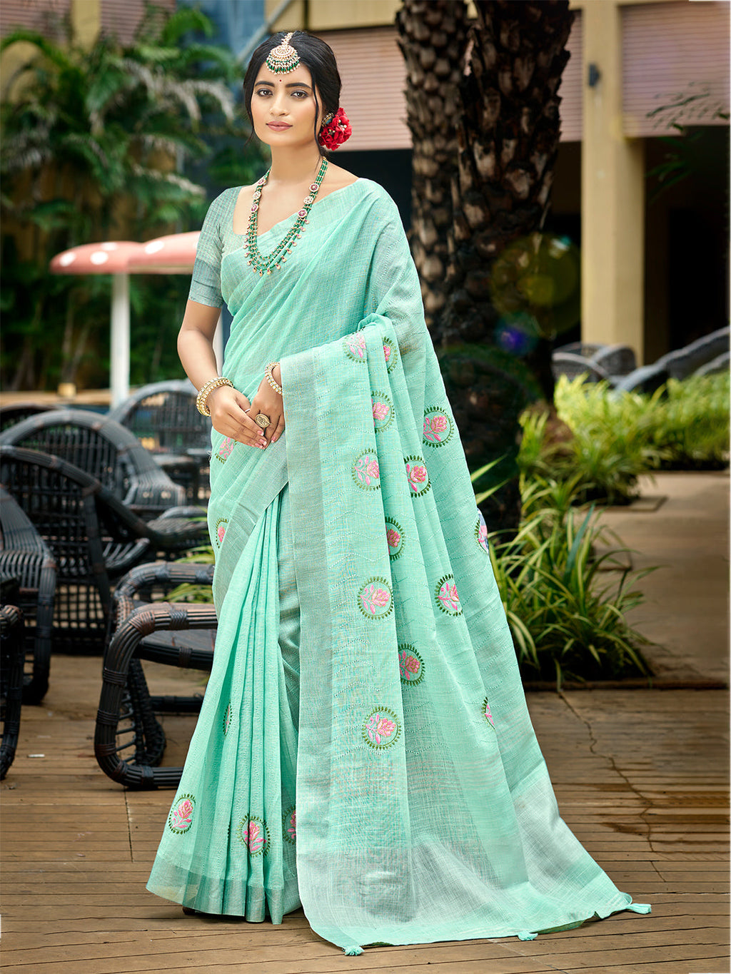 Sangam Prints Sky Blue Linen Woven Work Traditional Saree