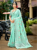 Sangam Prints Sky Blue Linen Woven Work Traditional Saree