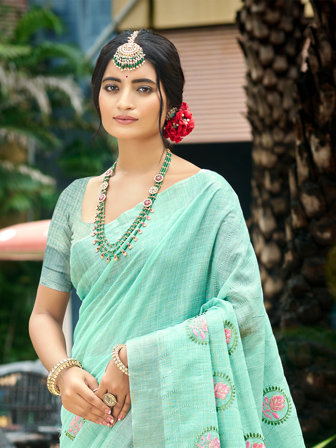 Sangam Prints Sky Blue Linen Woven Work Traditional Saree