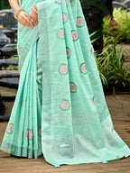 Sangam Prints Sky Blue Linen Woven Work Traditional Saree