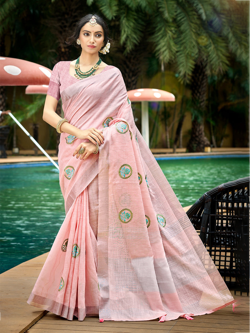 Sangam Prints Light Pink Linen Woven Work Traditional Saree