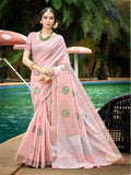 Sangam Prints Light Pink Linen Woven Work Traditional Saree
