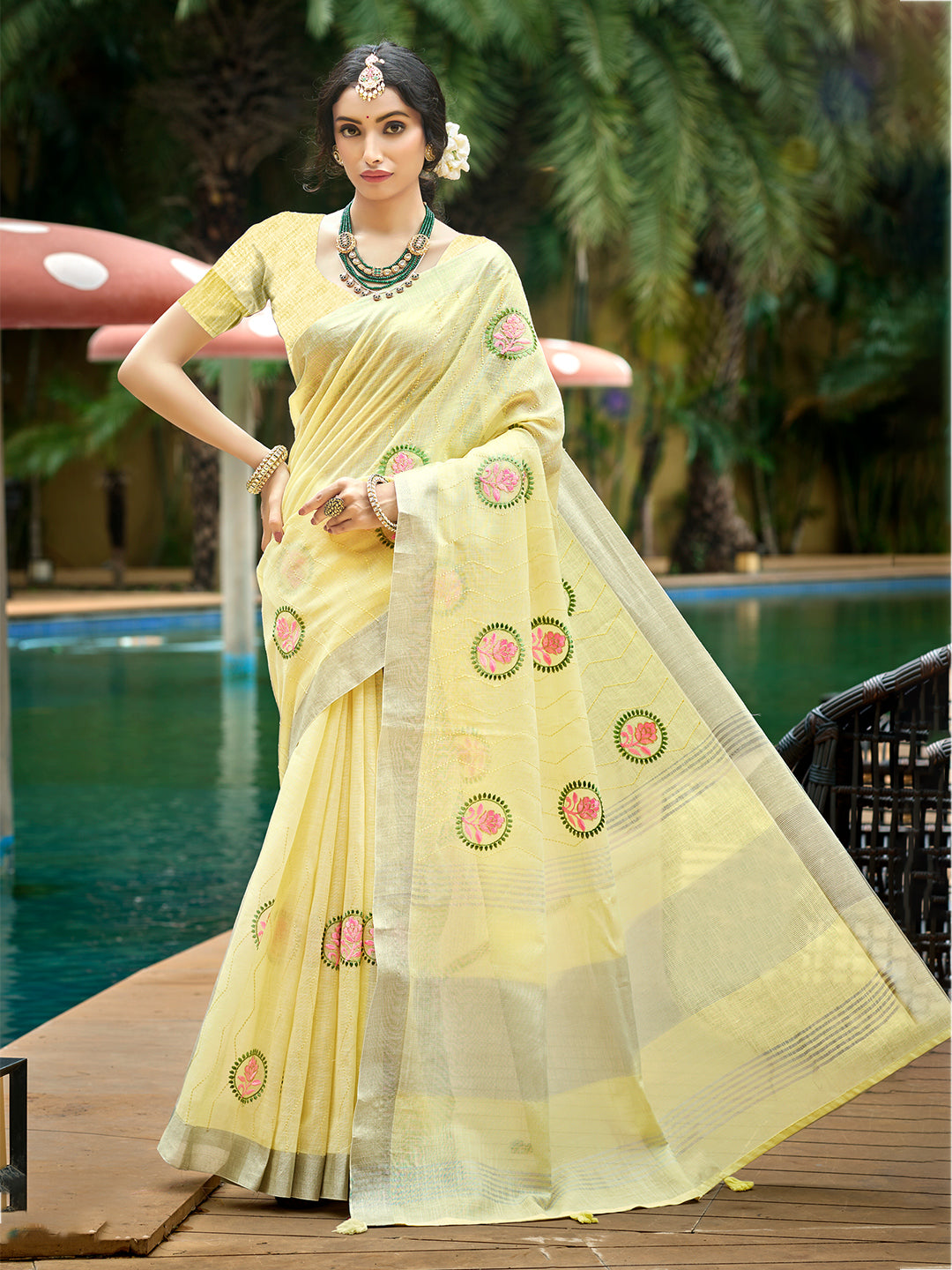 Sangam Prints Yellow Linen Woven Work Traditional Saree