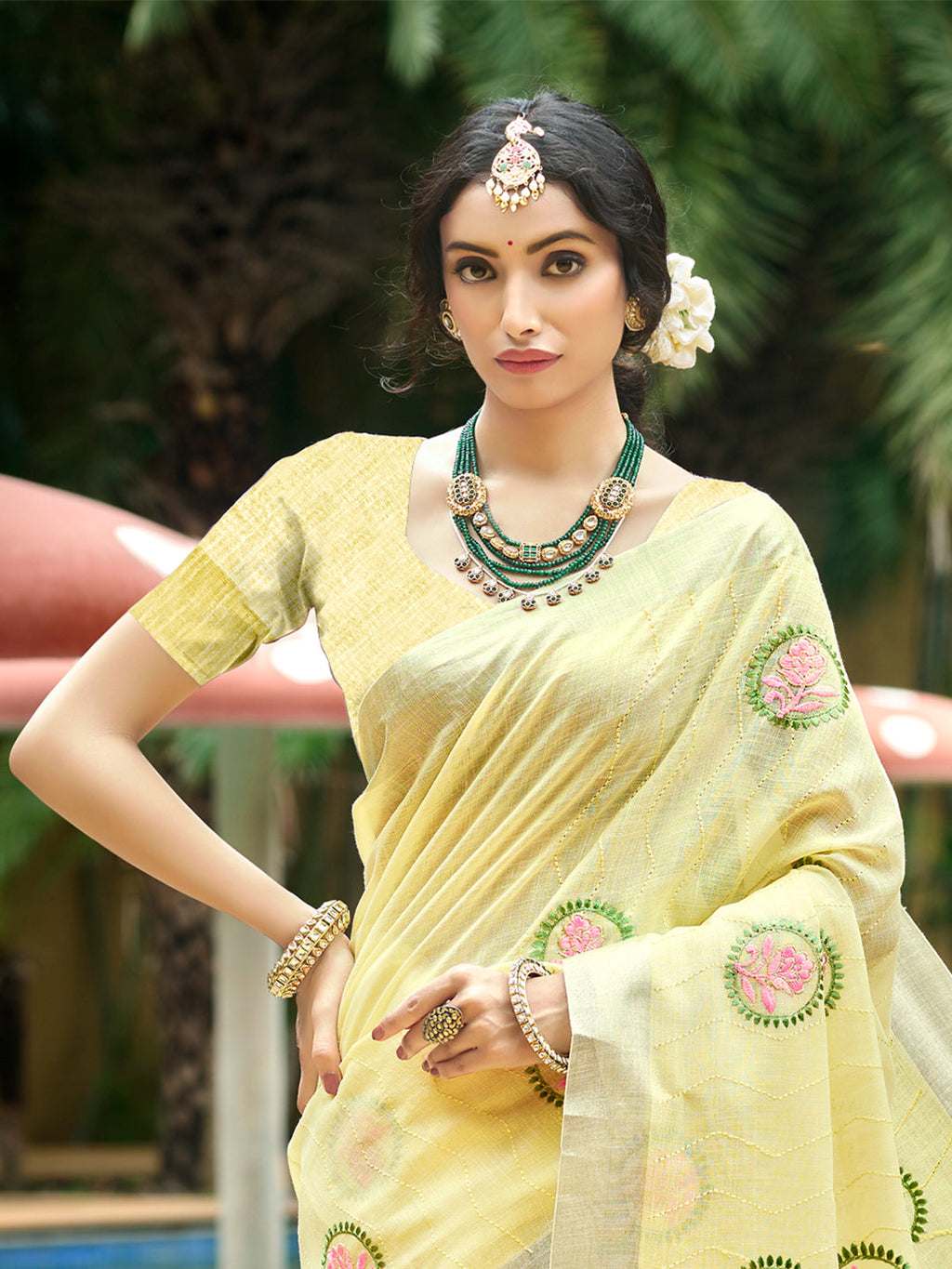 Sangam Prints Yellow Linen Woven Work Traditional Saree
