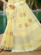 Sangam Prints Yellow Linen Woven Work Traditional Saree