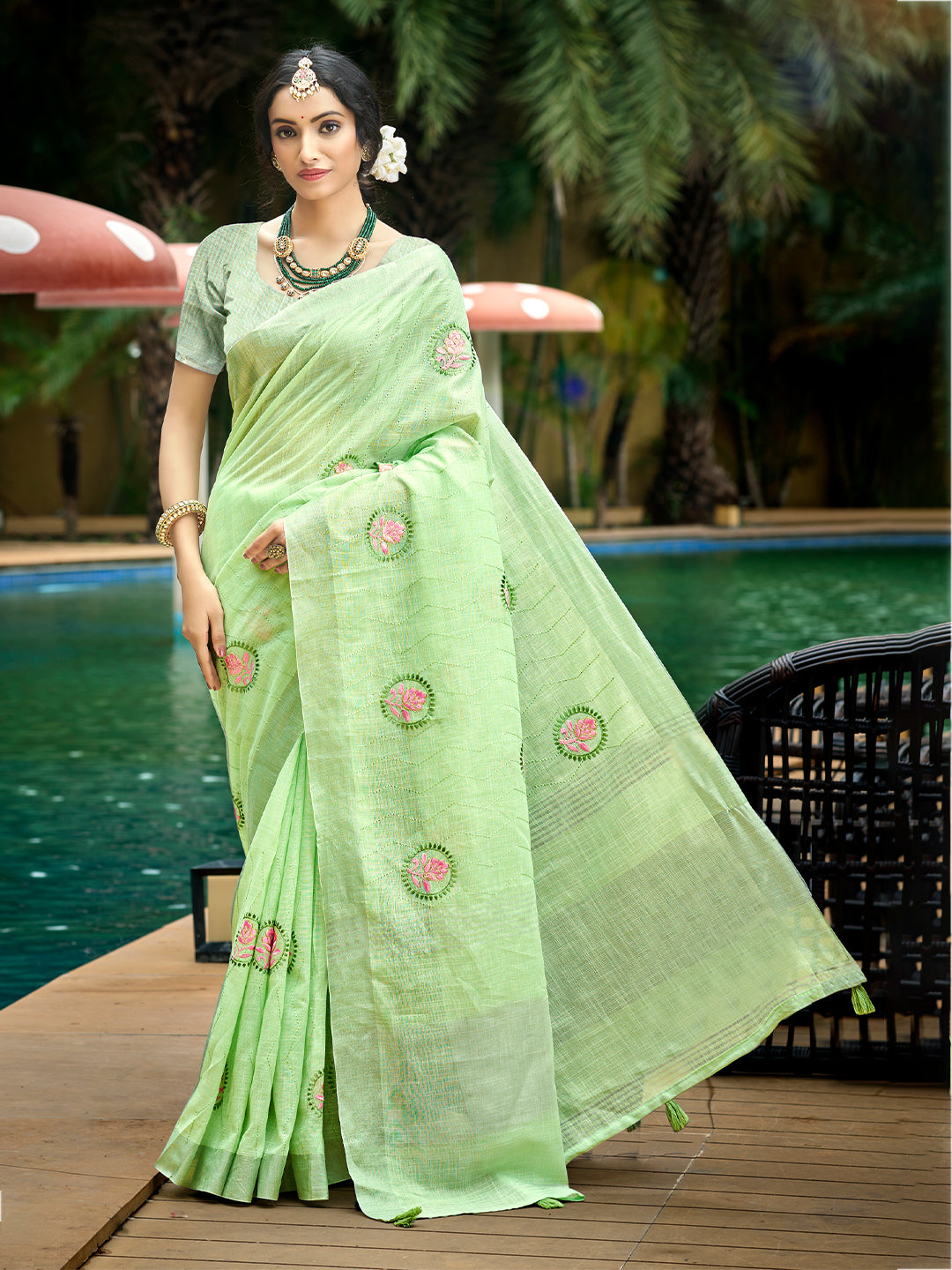 Sangam Prints Green Linen Woven Work Traditional Saree