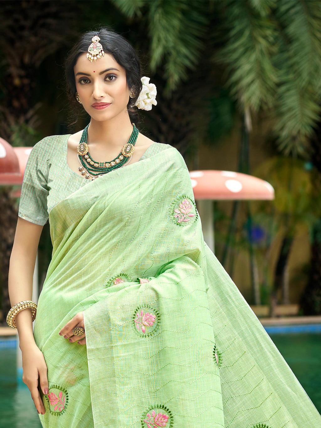 Sangam Prints Green Linen Woven Work Traditional Saree