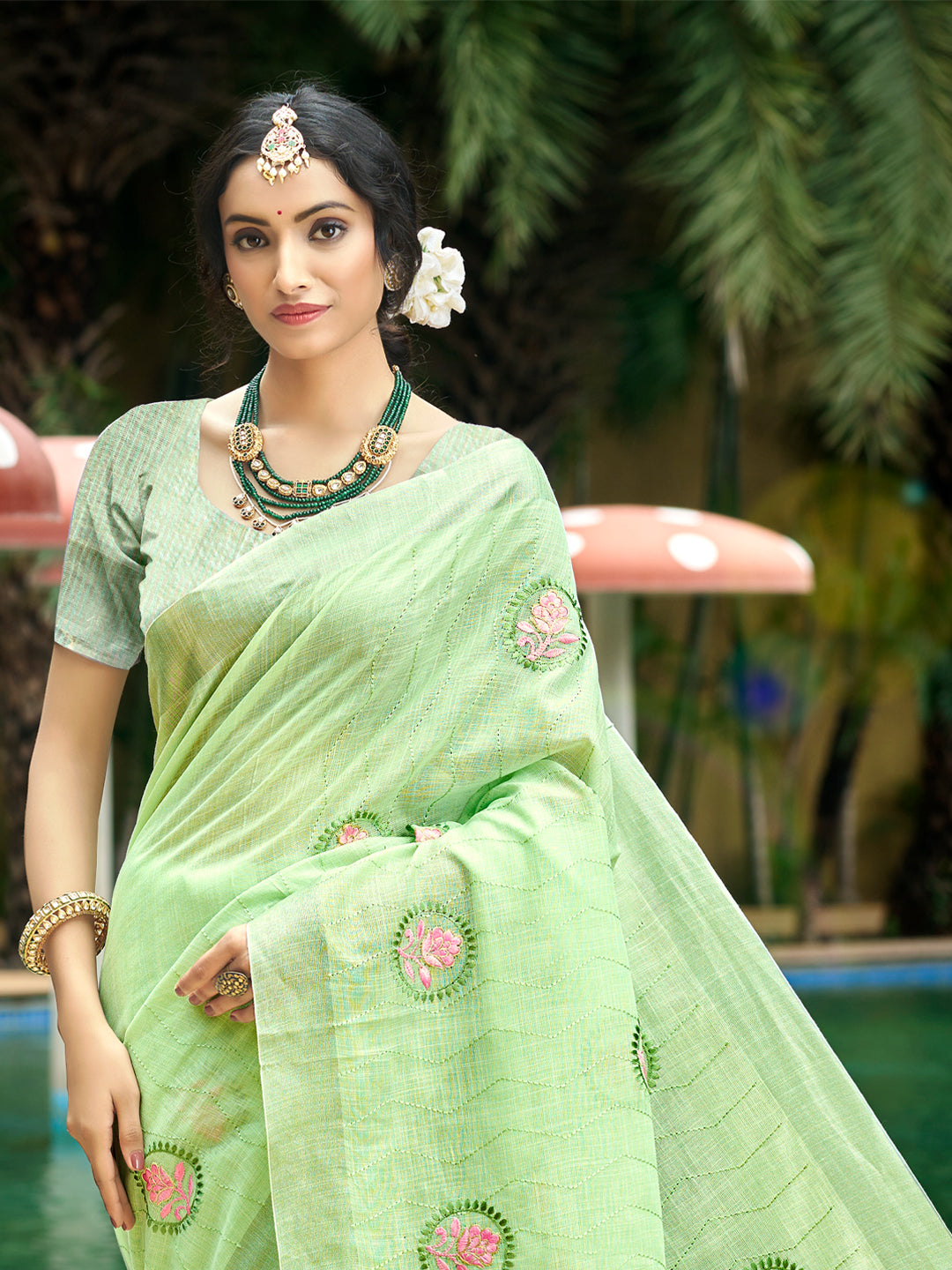 Sangam Prints Green Linen Woven Work Traditional Saree
