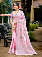 Sangam Prints Baby Pink Linen Woven Work Traditional Saree