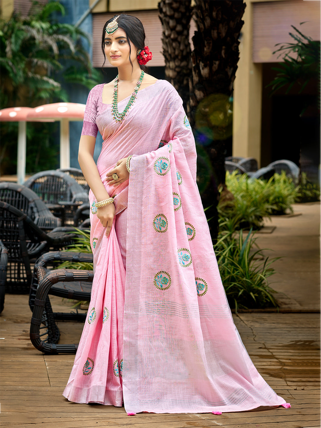 Sangam Prints Baby Pink Linen Woven Work Traditional Saree