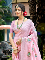 Sangam Prints Baby Pink Linen Woven Work Traditional Saree