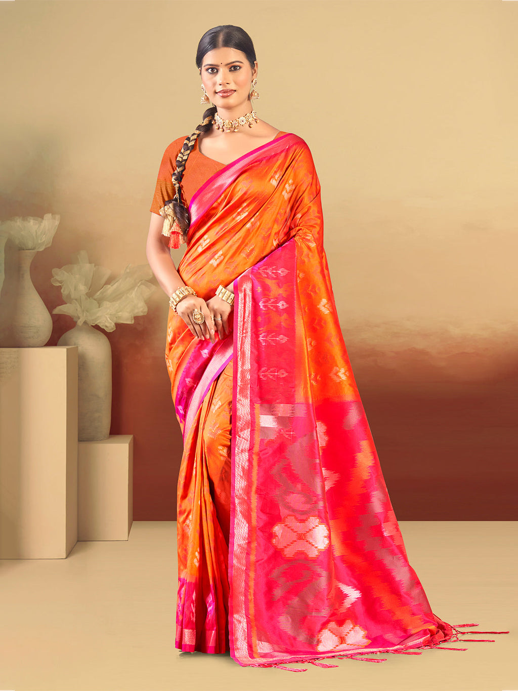 Sangam Prints Orange Silk Woven Work Traditional Saree - Distacart