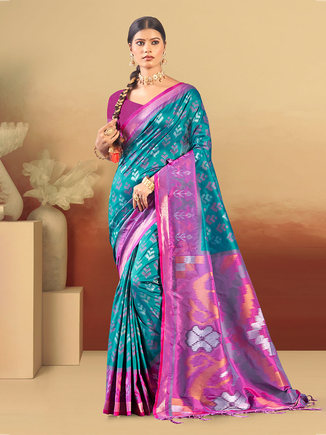 Sangam Prints Teal Blue Silk Woven Work Traditional Saree - Distacart