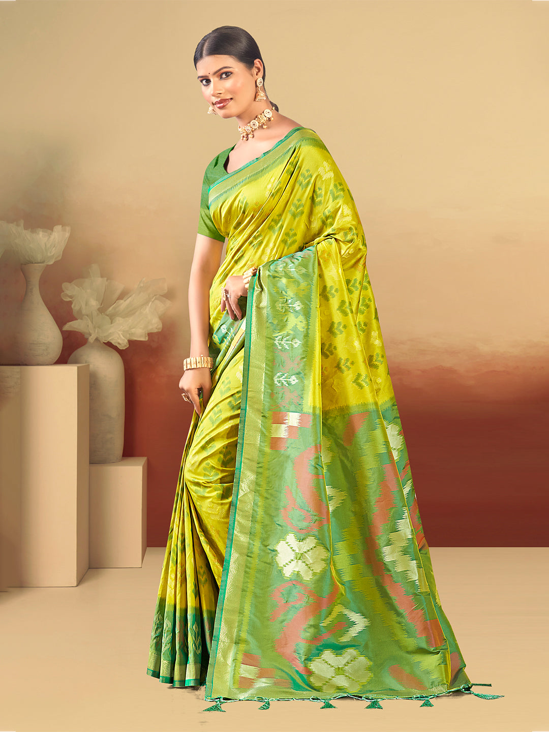Sangam Prints Lime Green Silk Woven Work Traditional Saree - Distacart