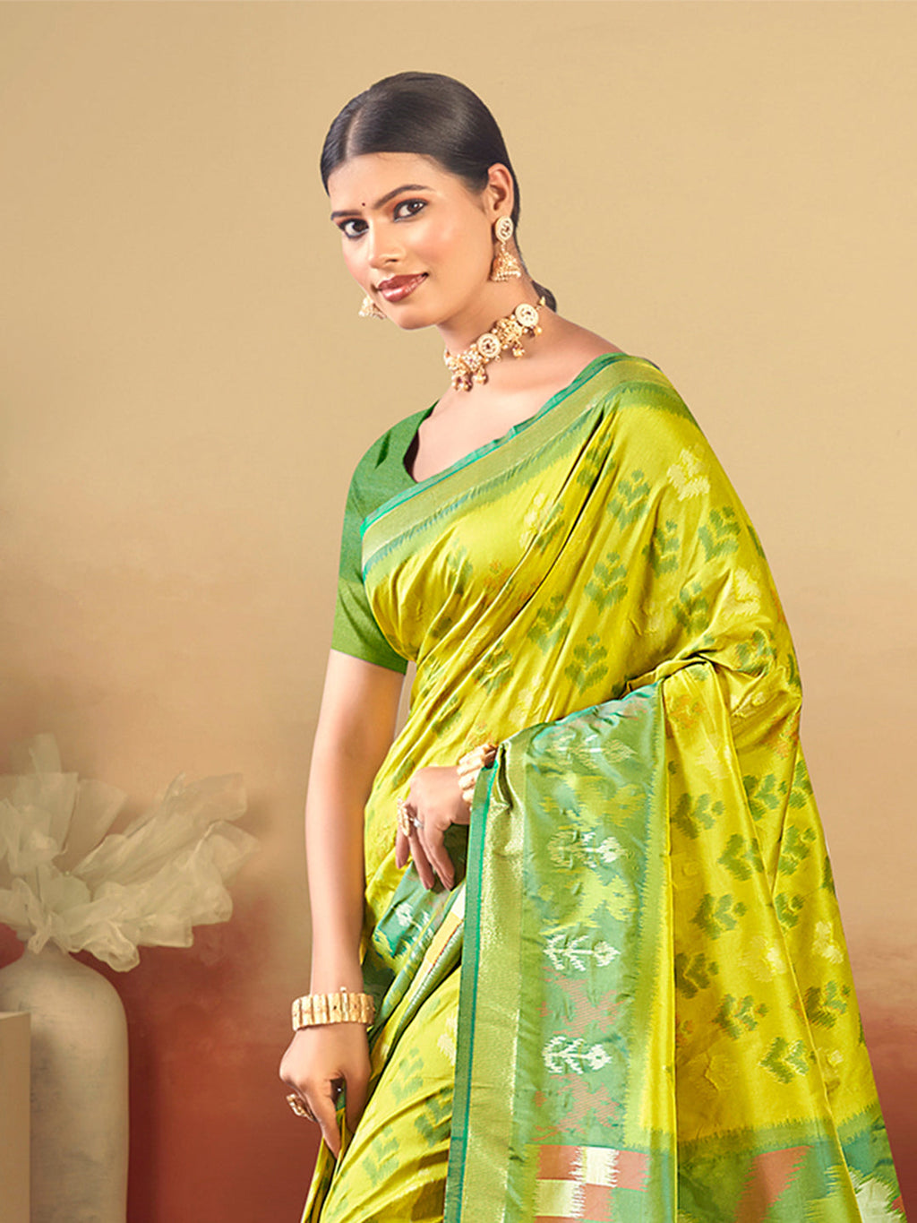 Sangam Prints Lime Green Silk Woven Work Traditional Saree - Distacart