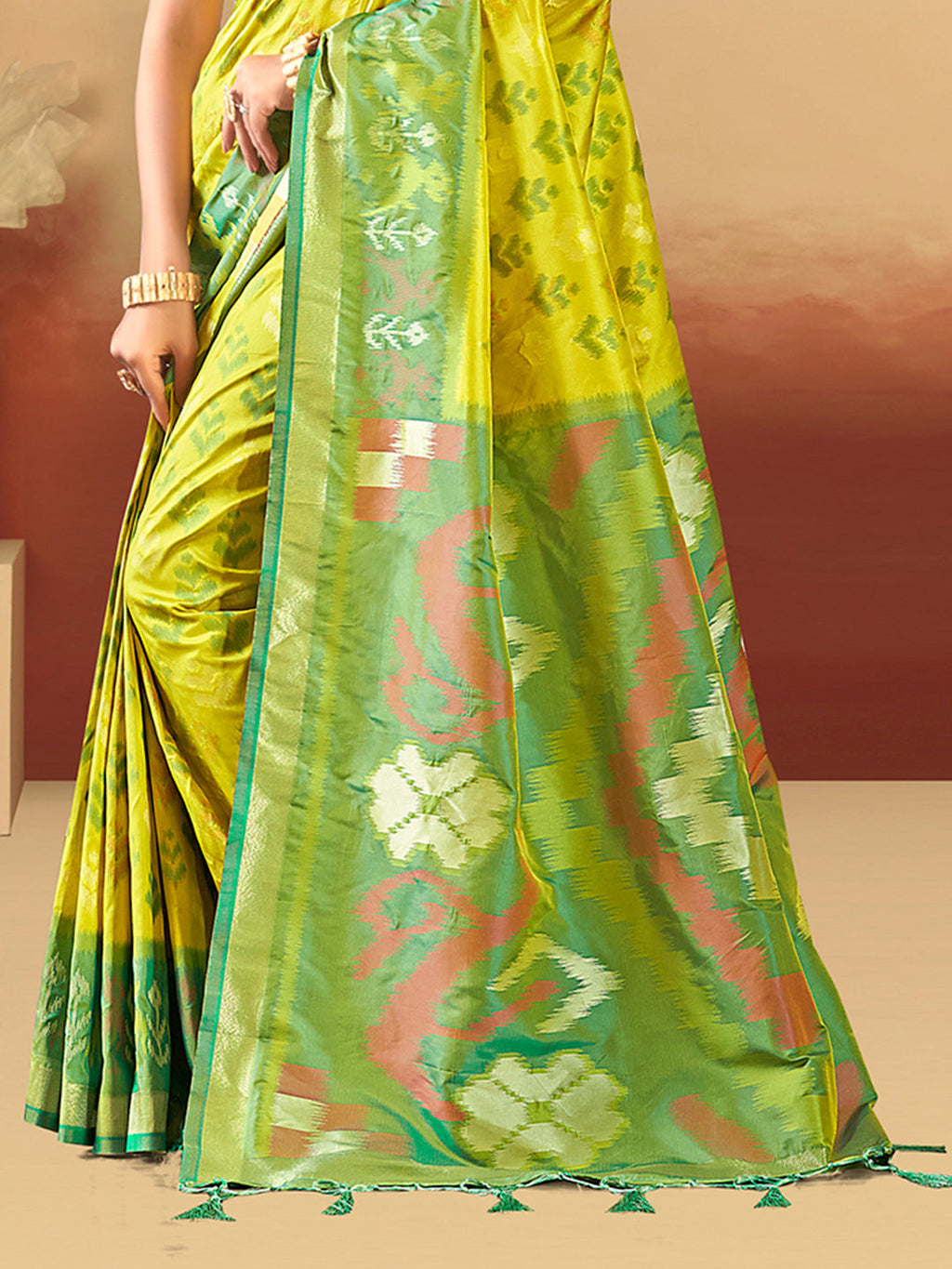 Sangam Prints Lime Green Silk Woven Work Traditional Saree - Distacart