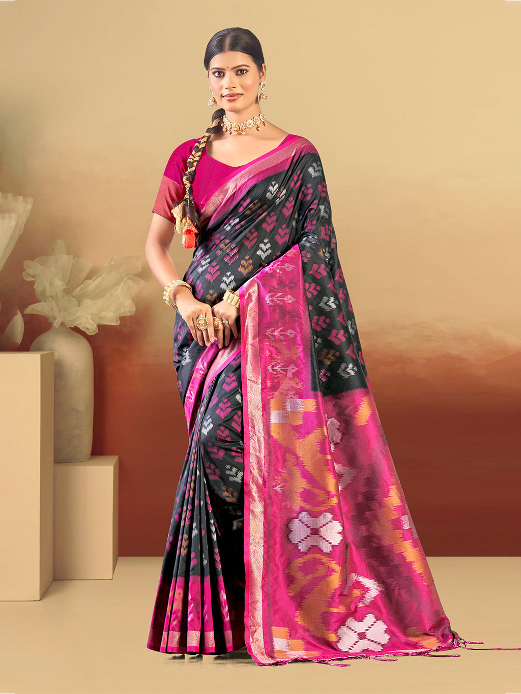 Sangam Prints Black And Magenta Silk Woven Work Traditional Saree - Distacart