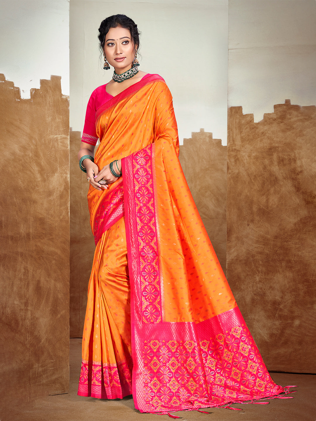 Sangam Prints Orange  Silk Woven Work Traditional Saree - Distacart