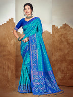 Sangam Prints Peacock Blue Silk Woven Work Traditional Saree - Distacart