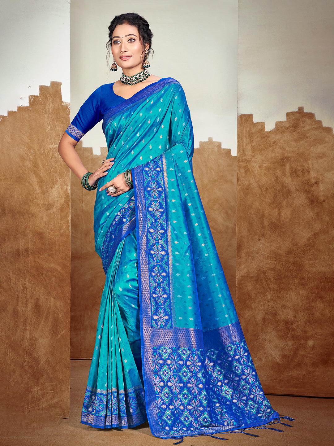 Sangam Prints Peacock Blue Silk Woven Work Traditional Saree - Distacart