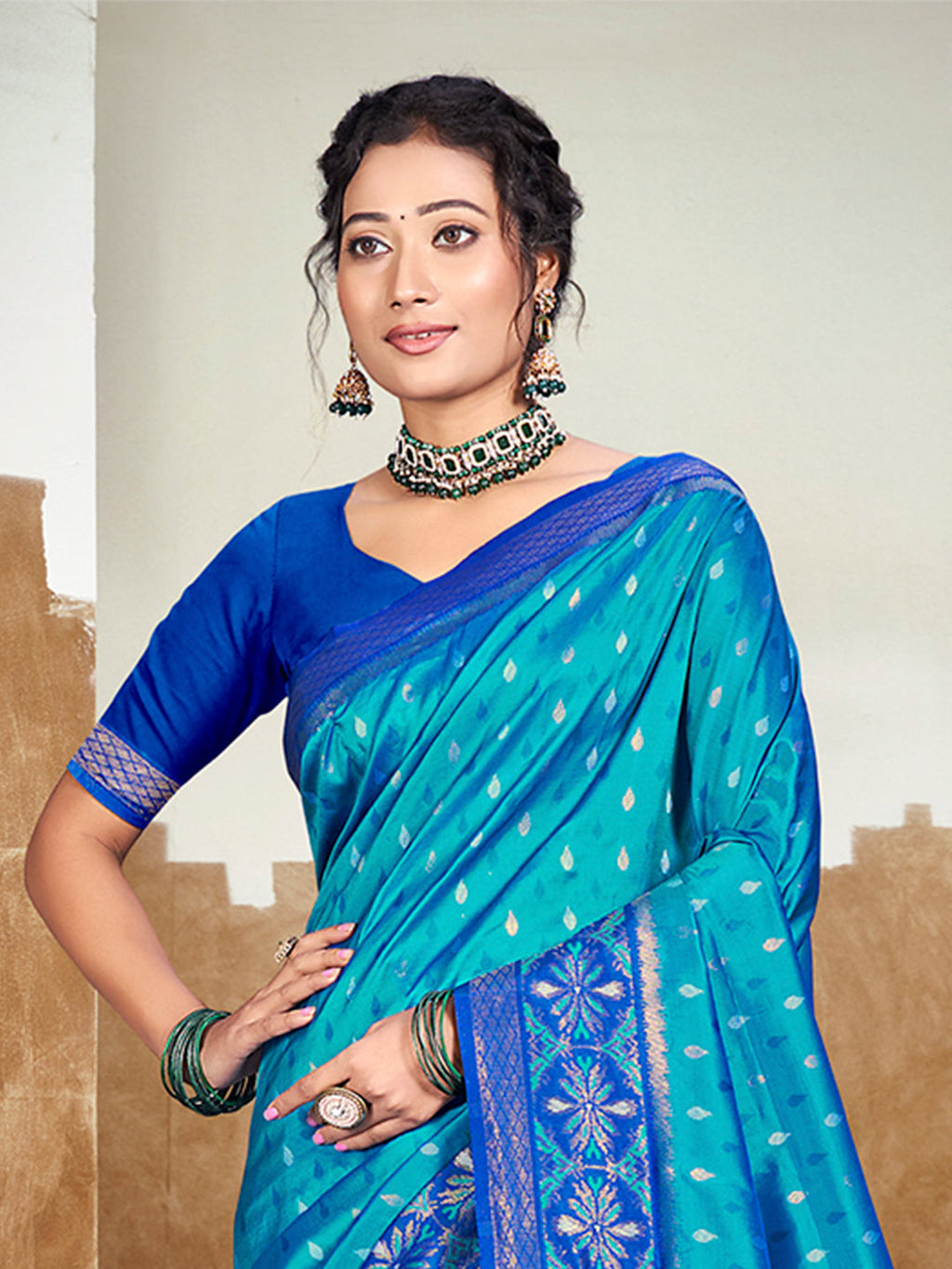 Sangam Prints Peacock Blue Silk Woven Work Traditional Saree - Distacart