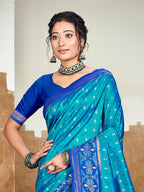 Sangam Prints Peacock Blue Silk Woven Work Traditional Saree - Distacart