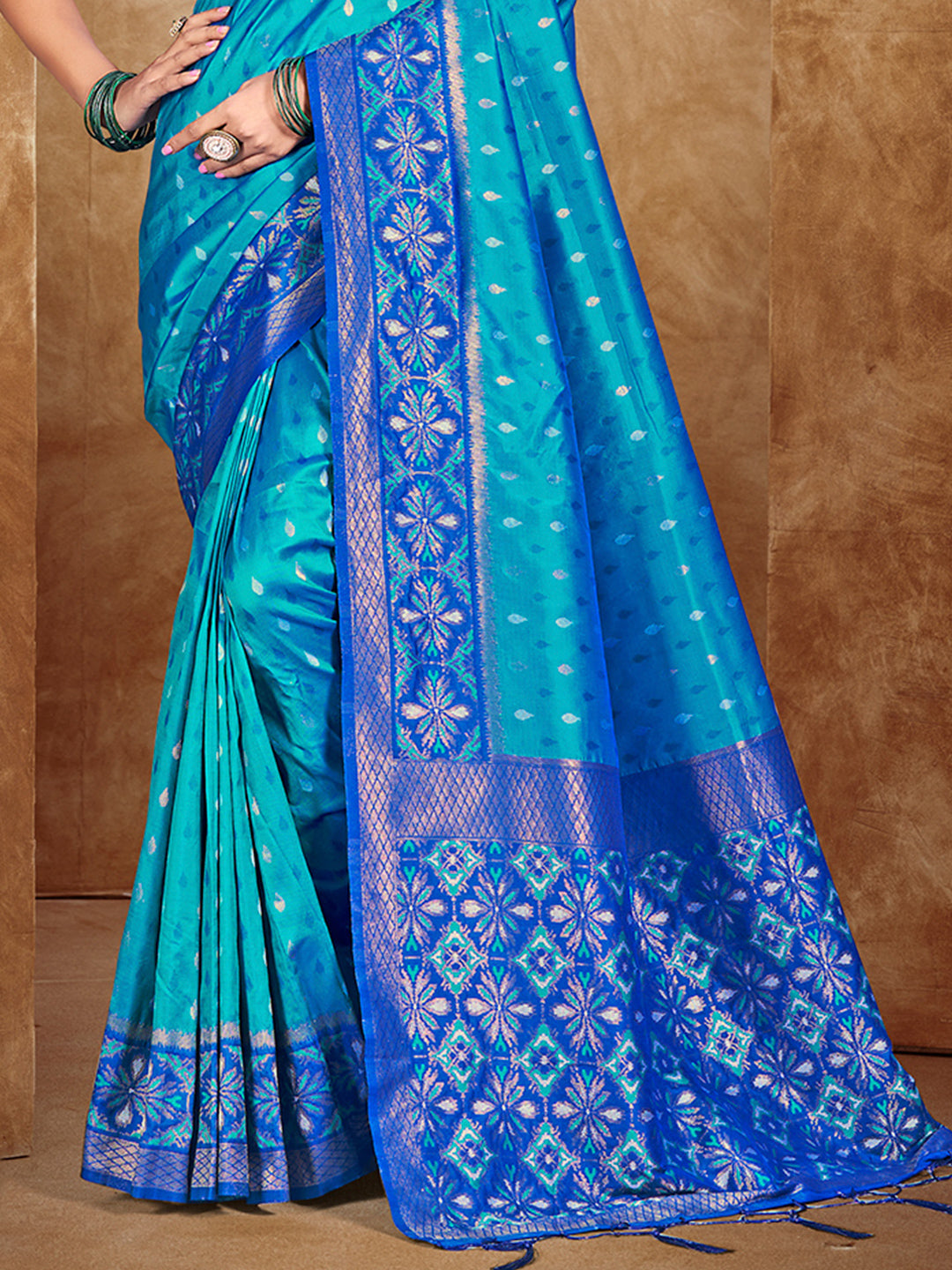 Sangam Prints Peacock Blue Silk Woven Work Traditional Saree - Distacart