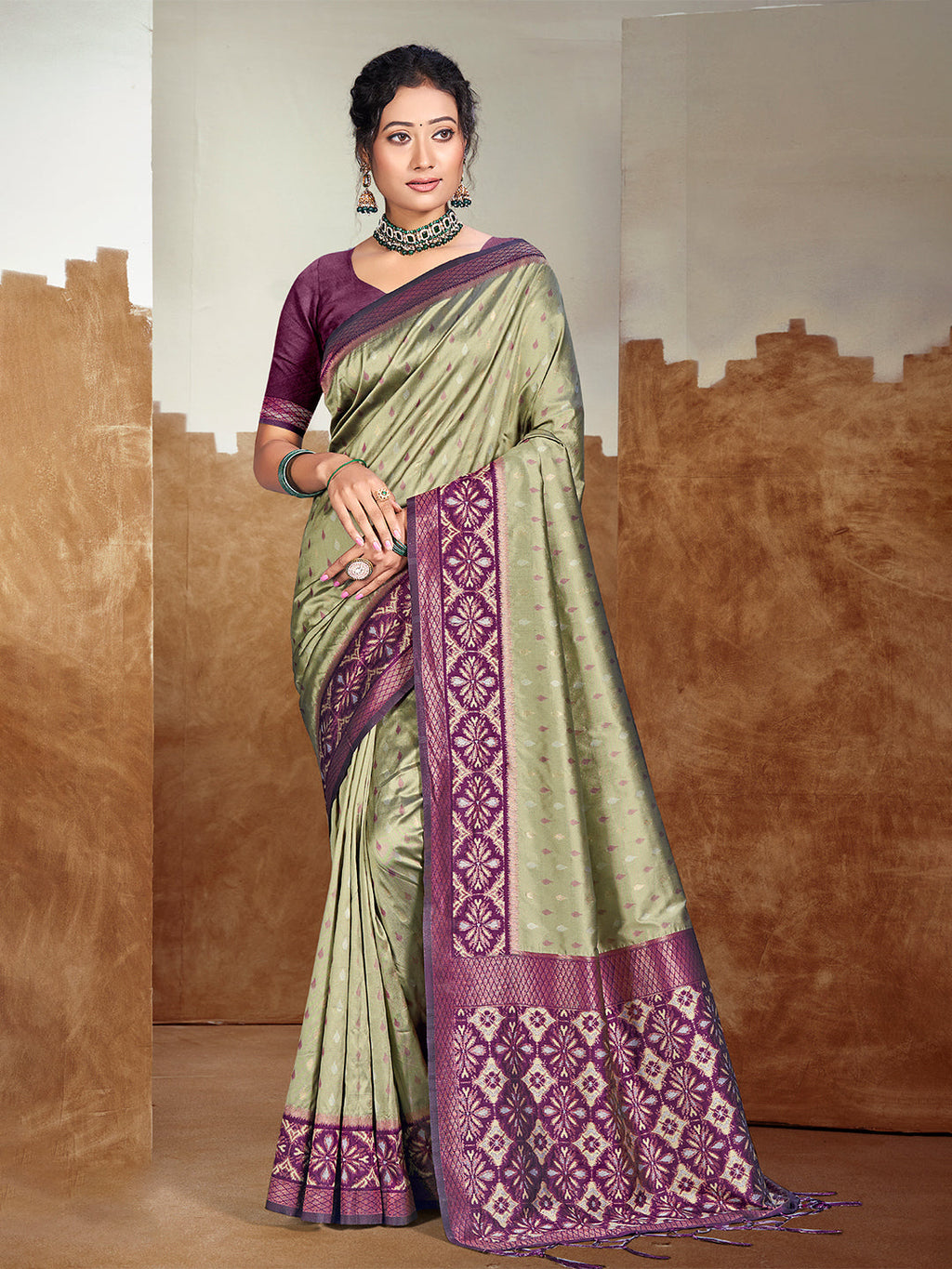 Sangam Prints Olive Green Silk Woven Work Traditional Saree - Distacart