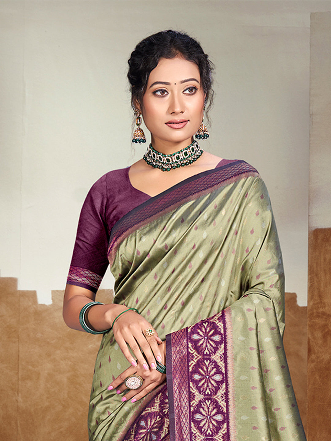 Sangam Prints Olive Green Silk Woven Work Traditional Saree - Distacart