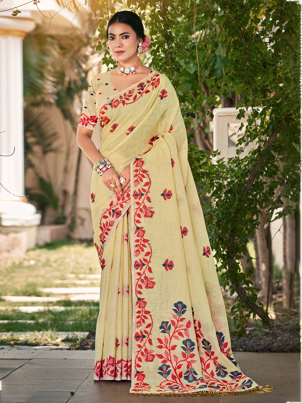 Sangam Prints Light Yellow Linen Woven Work Traditional Saree - Distacart