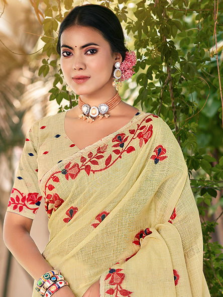 Sangam Prints Light Yellow Linen Woven Work Traditional Saree - Distacart