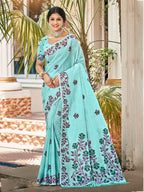 Sangam Prints Turquoise Linen Woven Work Traditional Saree - Distacart