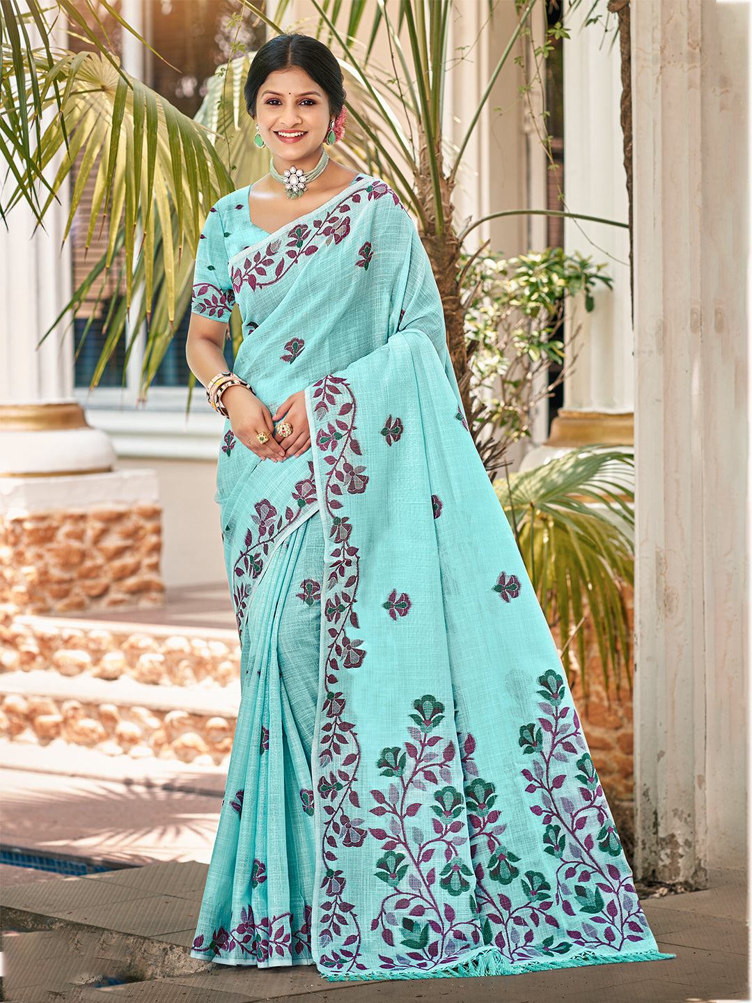 Sangam Prints Turquoise Linen Woven Work Traditional Saree - Distacart