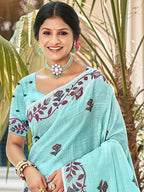 Sangam Prints Turquoise Linen Woven Work Traditional Saree - Distacart